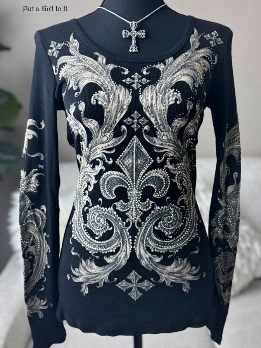 Vocal Apparel Women's Crystal Black Taupe Fleur de Lis Long Sleeve Shirt S M L